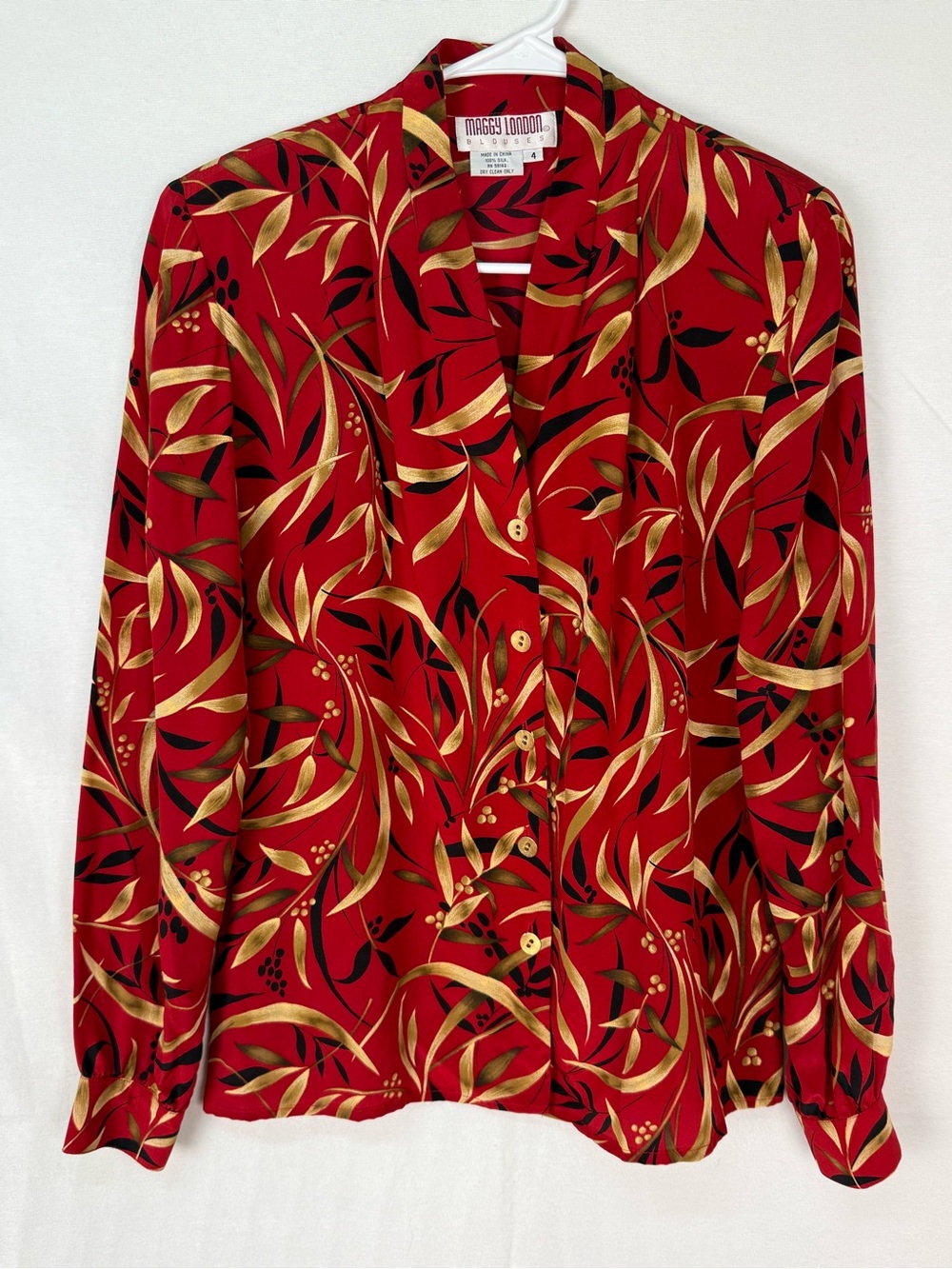 Vintage Maggy London SILK Red Botanical Print Button-Up Blouse